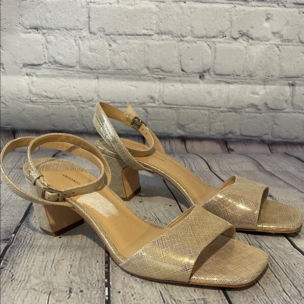 ANTONIO MELANI Gold Textured Ankle Strap Heels Sz 9.5